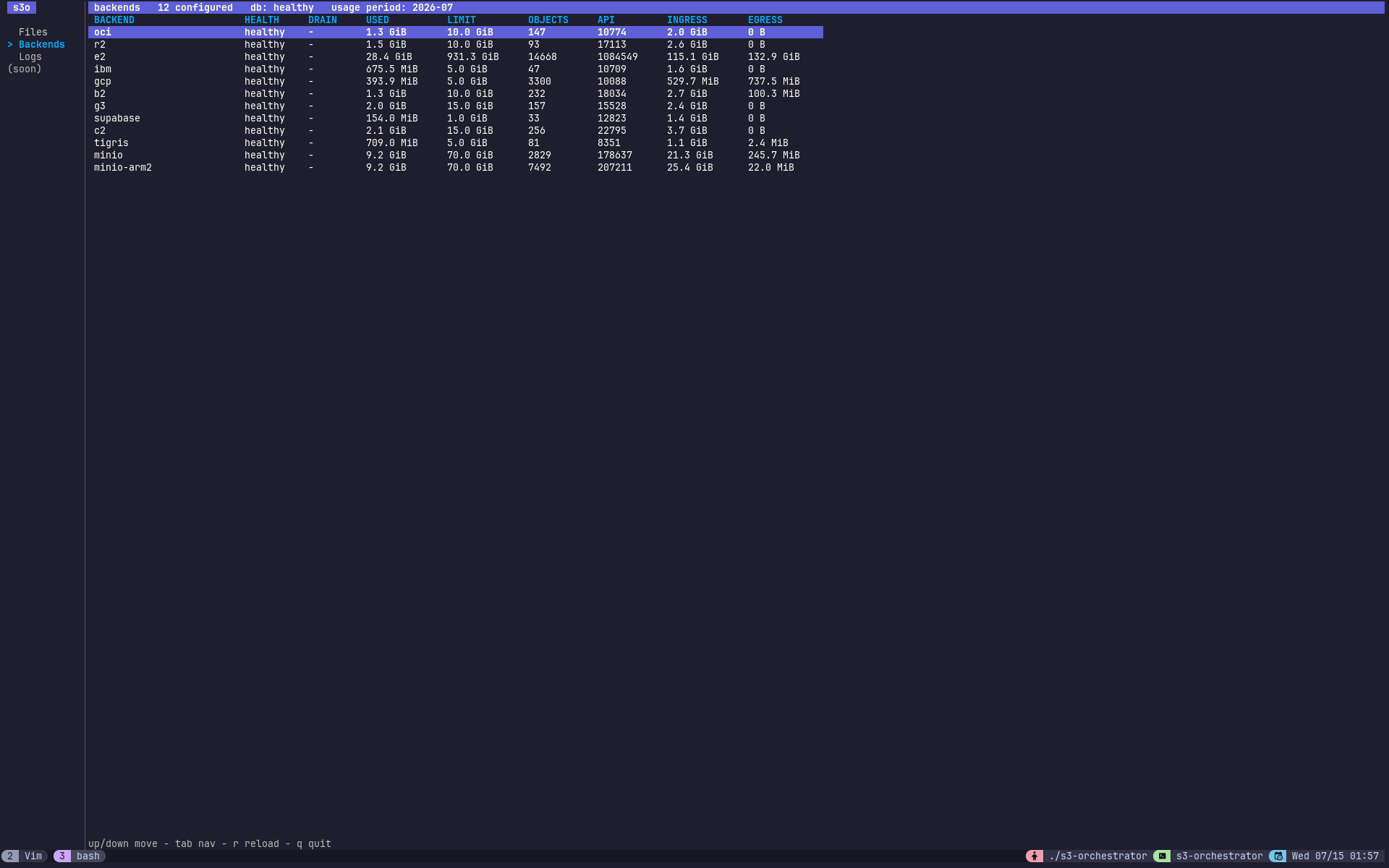 The Backends section listing per-backend health and usage