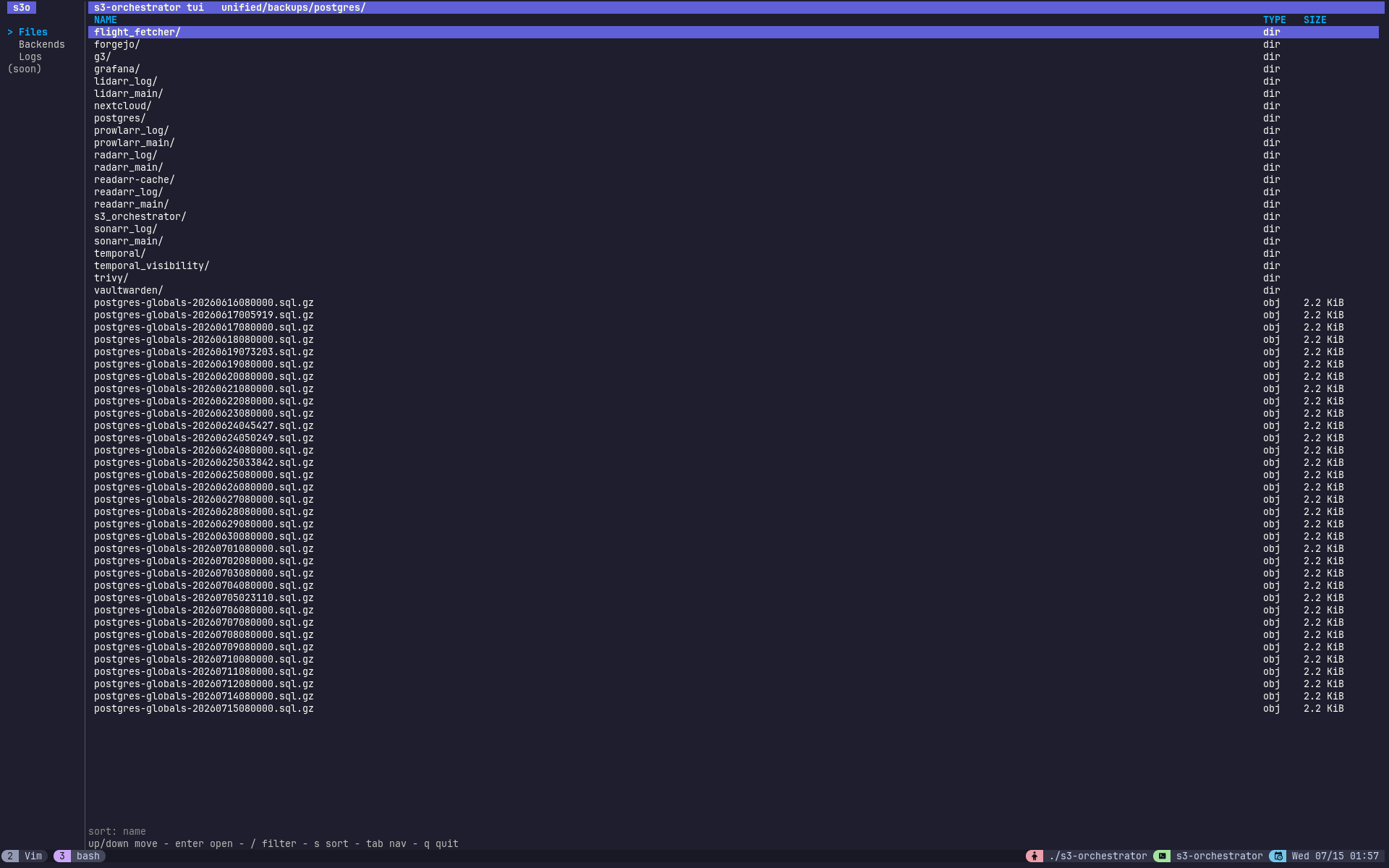 The TUI Files section browsing a prefix