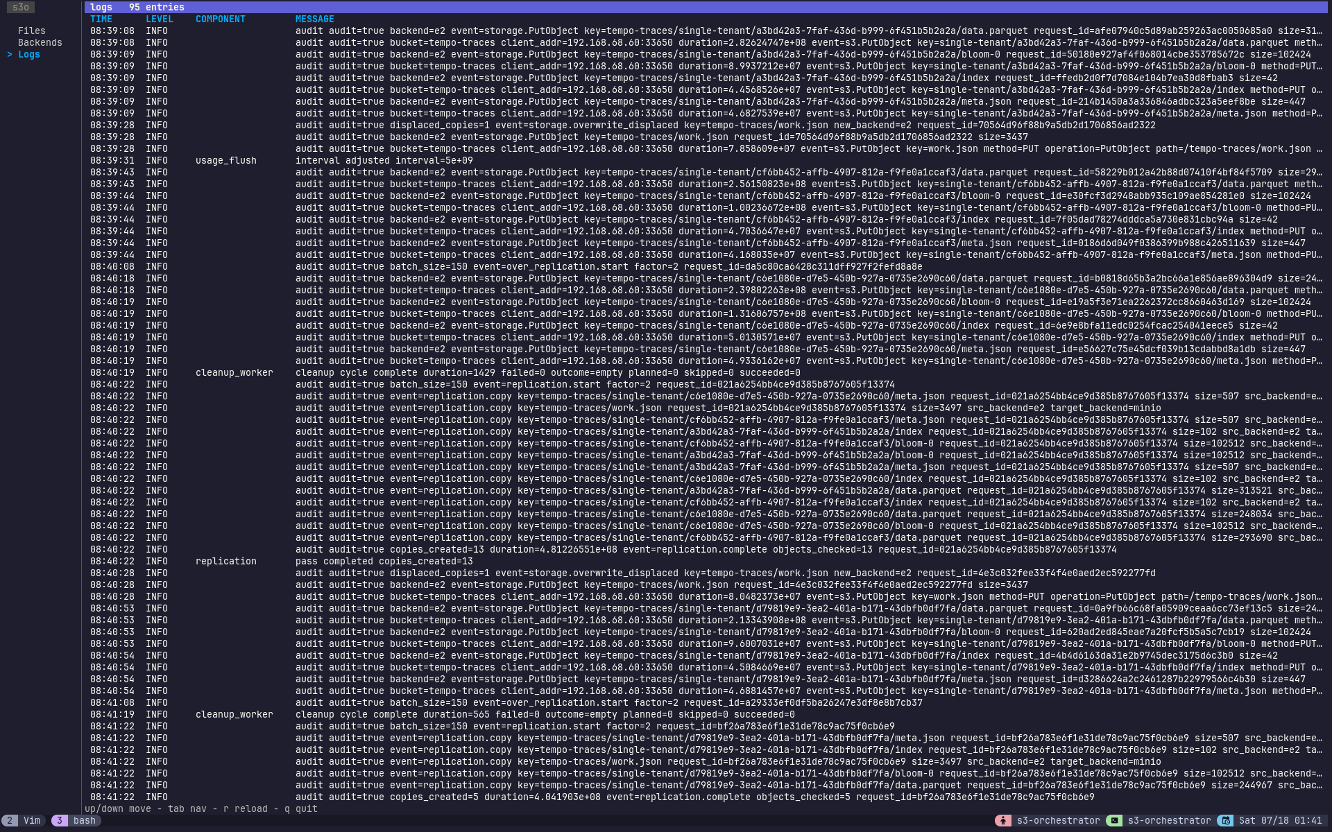 The Logs section showing recent structured log entries